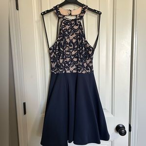 B. Darlin Lacy Navy Blue and Tan Formal Dress